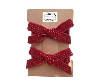 Burgundy Velvet Bow Clips: Gold Polka Dot Pigtail Bows (Set of 2)
