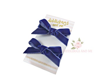 Navy Velvet Bow Hair Clips: Pigtail Barrettes, Set of 2