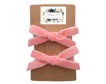 Coral Velvet Bow Hair Clips: Hand-Tied Barrettes, Set of 2