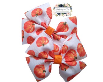 Pumpkin Pigtail Bows, Fall Hair Clips, Set of 2