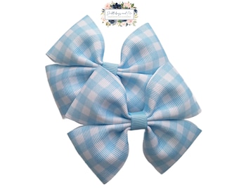 Blue Gingham Pigtail Bows, Blue Plaid Hair Clips, Gift For Girls, Set of 2, Small Hair Bows, Hair Accessory, Easter Barrettes, Piggy Bows,