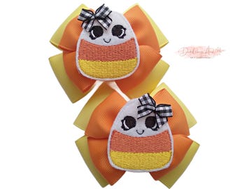 Candy Corn Hair Bows - Halloween Pigtail Set - Grosgrain Ribbon