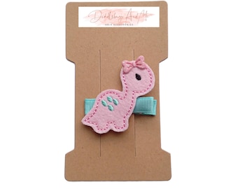 Pink Felt Dinosaur Hair Clip: Aqua Pigtail Bow