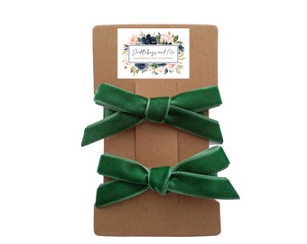 Forest Green Velvet Bow Hair Clips: Pigtail Bows, Set of 2