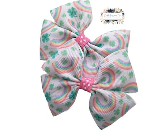 Lucky Rainbow Hair Bows, St Patrick's Day, Set of 2, Shamrock Bows, Pigtail Barrettes, Medium Size Bows, Toddler Hair Clips, Gift For Girls