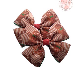Gingerbread Men Pigtail Bows, Christmas Hair Clips, Set of 2