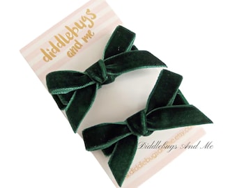Dark Green Velvet Bow Hair Clips: Pigtail Barrettes - Set of 2