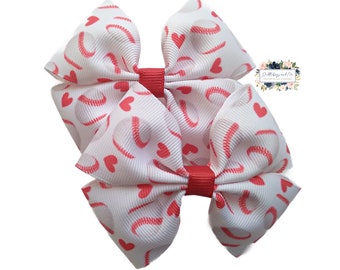 Baseball Hearts Pigtail Bows: Sports Barrette, Set of 2