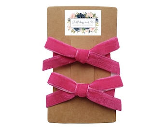 Hot Pink Velvet Bow Hair Clips: Pigtail Alligator Clips - Set of 2