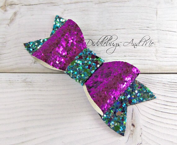 Mermaid Glitter Hair Bow Aqua And Purple Bow Toddler Bow Etsy
