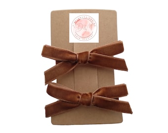 Brown Velvet Bow Hair Clips: Toddler Barrettes, Pigtail Set