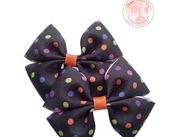 Halloween Pigtail Bows, Black Polka Dot Barrettes, Set of 2