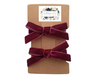 Burgundy Velvet Bows: Hand-Tied Pigtail Hair Clips - Set of 2