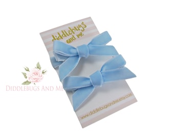 Blue Ice Velvet Bow Hair Clips: Toddler Barrettes, Pigtail Clips (Set of 2)