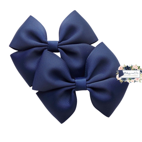 Navy Pigtail Bows, Back To School, Set of 2, Fall Hair Clips, Piggy Barrettes, Blue Hair Bows, Ponytail Clips, School Bows, Gift For Girls