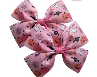 Pink Pumpkin Pigtail Hair Bows, Halloween Set of 2