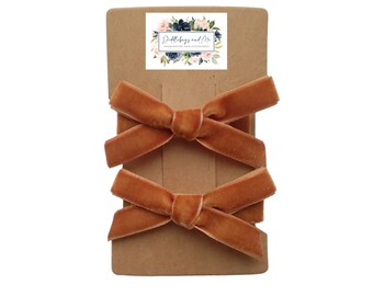 Rusty Brown Velvet Bow Hair Clips: Toddler Barrettes, Pigtail Clips (Set of 2)