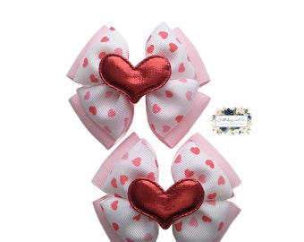 Valentine Hearts Hair Bows, Pink And Red Hearts, Set of 2 Pigtail Bows, Valentine Barrettes, Hearts Hair Clip, Gift For Girls, Toddler Bows