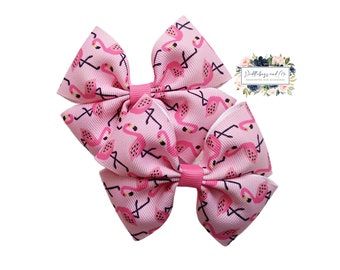 Pink Flamingo Pigtail Bows, Set of 2, Beach Hair Barrettes, Gift For Girls, Toddler Pink Piggies, Summer Hair Clips, Little Girl Bow Set