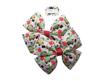 School Bus Pigtail Bows: Back To School Hair Clips, Set of 2