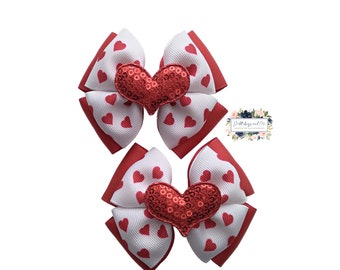 Valentine Hair Bows, Red Hearts, Set of 2 Pigtail Bows, Valentine Barrettes, Red Piggy Bows, Hearts Hair Clip, Gift For Girls, Toddler Bows