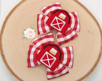 Red Gingham Pigtail Bows: Farm Barn Hair Clips, Set of 2