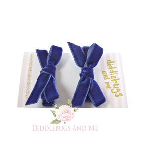 May include: Two blue velvet hair bows with a white and pink striped card that says "Diddlebugs and Me" and a website address.