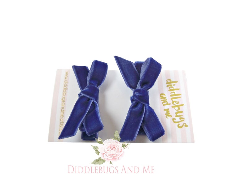 May include: Two blue velvet hair bows with a white and pink striped card that says "Diddlebugs and Me" and a website address.