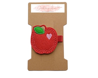 Apple With Heart Hair Clip, Back to School Pigtail Bow, Felt Hair Barrette