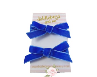Royal Blue Velvet Bow Hair Clips: Pigtail Barrettes, Set of 2