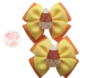 Glitter Candy Corn Hair Bows: Halloween Pigtail Set
