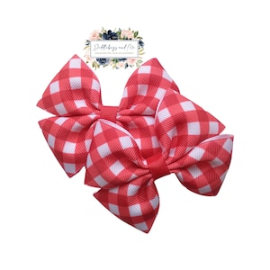 Red Gingham Pigtail Bows: Set of 2 Toddler Hair Clips