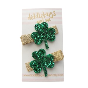 Green Glitter Shamrock Hair Clips, St Patrick Barrettes, Lucky Clover Bows, Pigtail Hair Clips, Gift For Girls, St. Paddy's Day Clips