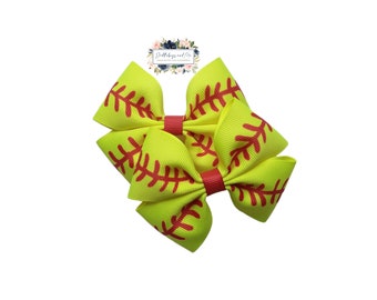 Softball Pigtail Bows, Sports Barrette, Yellow And Red, Set of 2 Toddler Bows, Baseball Piggies, Ready To Ship, Gift For Girls, Ponytail Bow