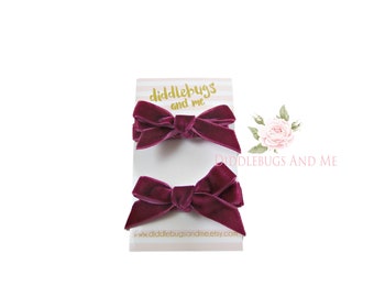 Wine Velvet Bow Hair Clips: Pigtail Alligator Clips - Set of 2