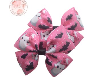 Pink Ghost Pigtail Bows: Halloween Hair Clips, Spider & Bats