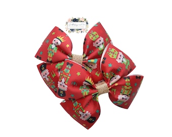 Nutcracker Pigtail Bows: Set of 2 Red Christmas Hair Barrettes