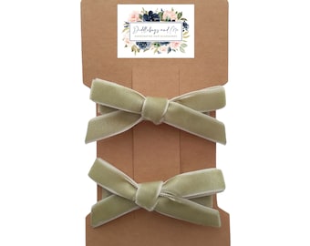 Rustic Sage Velvet Bow Hair Clips: Set of 2 Toddler Barrettes