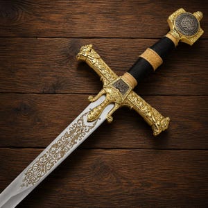 May include: A decorative sword featuring a silver blade with intricate gold-toned floral engravings. The hilt is gold-toned with ornate detailing, a black grip, and a pommel displaying a Star of David. A menorah emblem is visible on the crossguard.