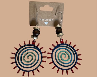 Boho Spiral Sun Wooden Earrings – Hand-Painted Statement Jewelry