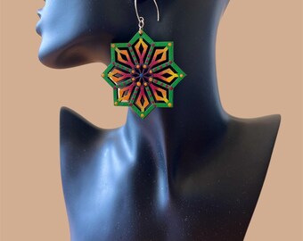 Handpainted Wooden Starburst Earrings, Boho Mandala Earrings Dangle Jewelry