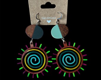 Boho Spiral Sun Wooden Earrings – Hand-Painted Jewelry