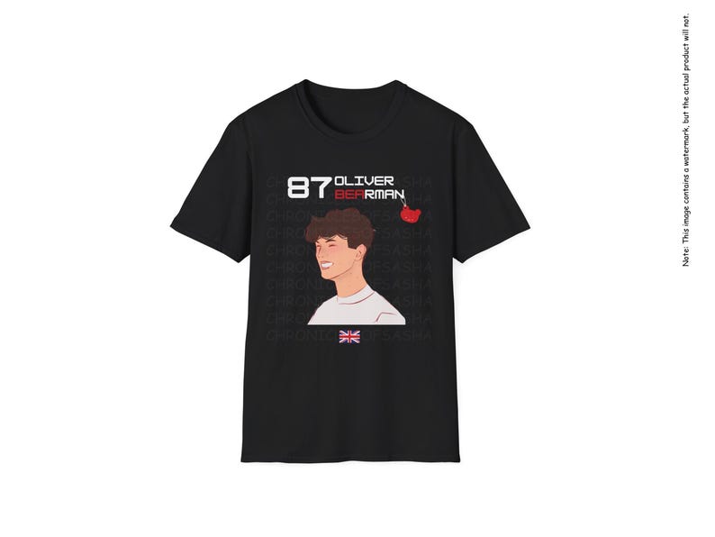 May include: Black t-shirt featuring a white illustration of a person with the text "87 Oliver Bearman" in red.