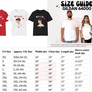 May include: Size chart for Gildan 64000 t-shirts, showing US and UK sizes, width, chest, length, and sleeve centre back measurements in inches.