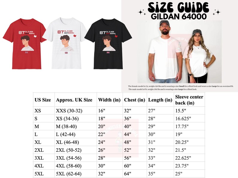 May include: Size chart for Gildan 64000 t-shirts, showing US and UK sizes, width, chest, length, and sleeve centre back measurements in inches.