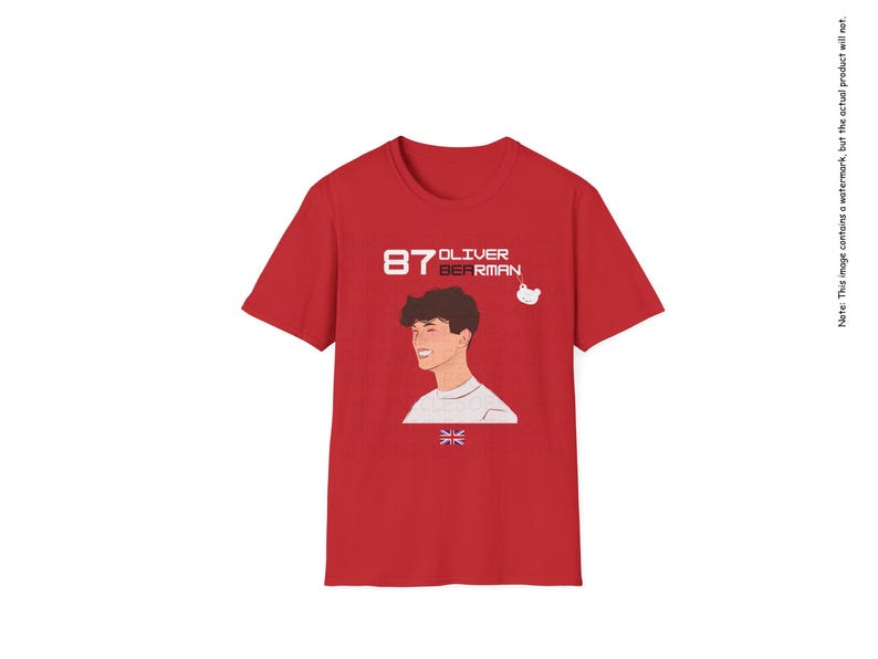 May include: Red t-shirt with a white graphic of a person's head and the text "87 OLIVER BEERMAN".