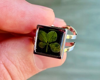 Anillo delicado de plata con trébol de cuatro hojas auténtico, pieza llamativa, joyería delicada, talla 7 3/4, bisutería.