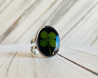 Anillo de plata con trébol de cuatro hojas, pieza llamativa, anillo floral, talla 7 3/4, anillo delicado, bisutería.