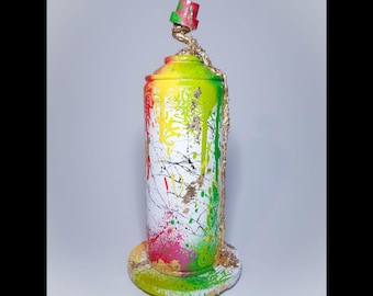 Hand-Painted Spray Can Sculpture: Gold Leaf Graffiti Art Decor