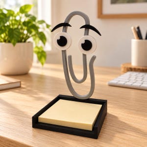 May include: A gray paperclip-shaped figure with large white eyes, black pupils, and black eyebrows, mounted on a square black base that holds a stack of square yellow sticky notes. The figure stands upright, mimicking a classic office assistant character.